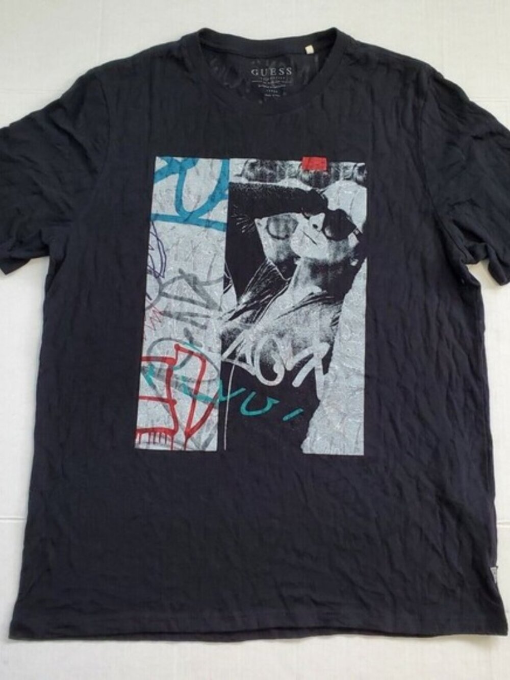 Guess T-shirt Black Sheer MCM Pattern Cap Sleeve Crew Neck Sz Large Madein Peru